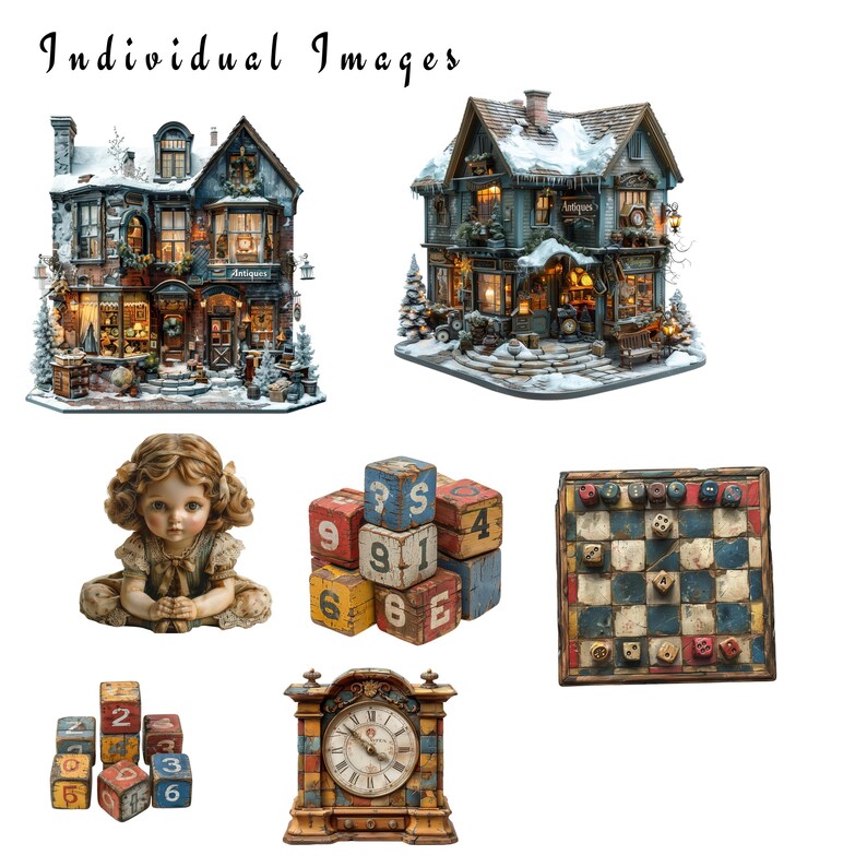 May include: A collection of vintage-inspired toys and decor, including a dollhouse, a wooden clock, a set of colorful blocks, a checkerboard game, and a porcelain doll. The dollhouse is decorated with snow and has a sign that reads "Antiques".