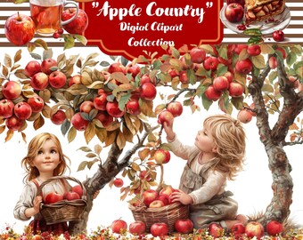 May include: Digital clipart collection titled "Apple Country" featuring illustrations of children picking apples, apple trees, and apple pie. The image includes the text "Volume #3". The color palette includes red, brown, and green.