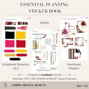 May include: Essential planning sticker book with scrapbook elements, quotes, and functional clusters. The design includes pink, yellow, red, and black elements. The text includes phrases like "Success is a daily decision" and "Elegance is power."