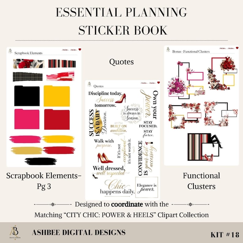 May include: Essential planning sticker book with scrapbook elements, quotes, and functional clusters. The design includes pink, yellow, red, and black elements. The text includes phrases like "Success is a daily decision" and "Elegance is power."
