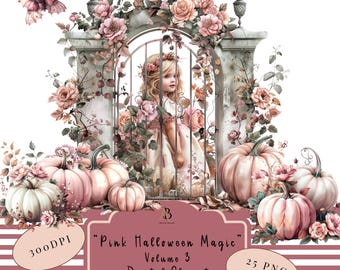 May include: A digital clipart collection of 25 images featuring a pink and white Halloween theme. The images include a girl standing in a pink and white archway decorated with roses and pumpkins. The text "Pink Halloween Magic" is displayed on a pink banner.