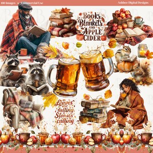 Op de afbeelding: Een digitale illustratie met herfstthema's. Het toont boeken, mokken, appels, wasberen, eekhoorns en bierpullen. De tekst bevat "Books, Blankets, and Apple Cider" en "Leaves are falling, stories calling".