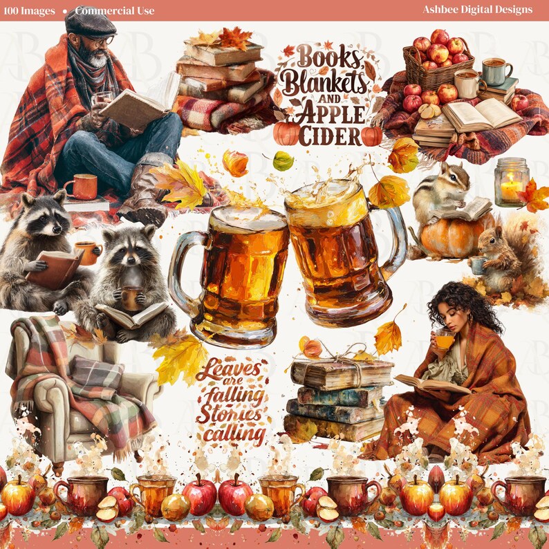 Op de afbeelding: Een digitale illustratie met herfstthema's. Het toont boeken, mokken, appels, wasberen, eekhoorns en bierpullen. De tekst bevat "Books, Blankets, and Apple Cider" en "Leaves are falling, stories calling".