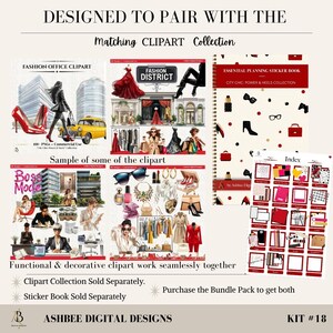 May include: A collection of digital clipart and a sticker book with a fashion theme. The clipart includes illustrations of fashion scenes, accessories, and people. The sticker book features planning stickers. The text reads "Designed to Pair With The Matching Clipart Collection."