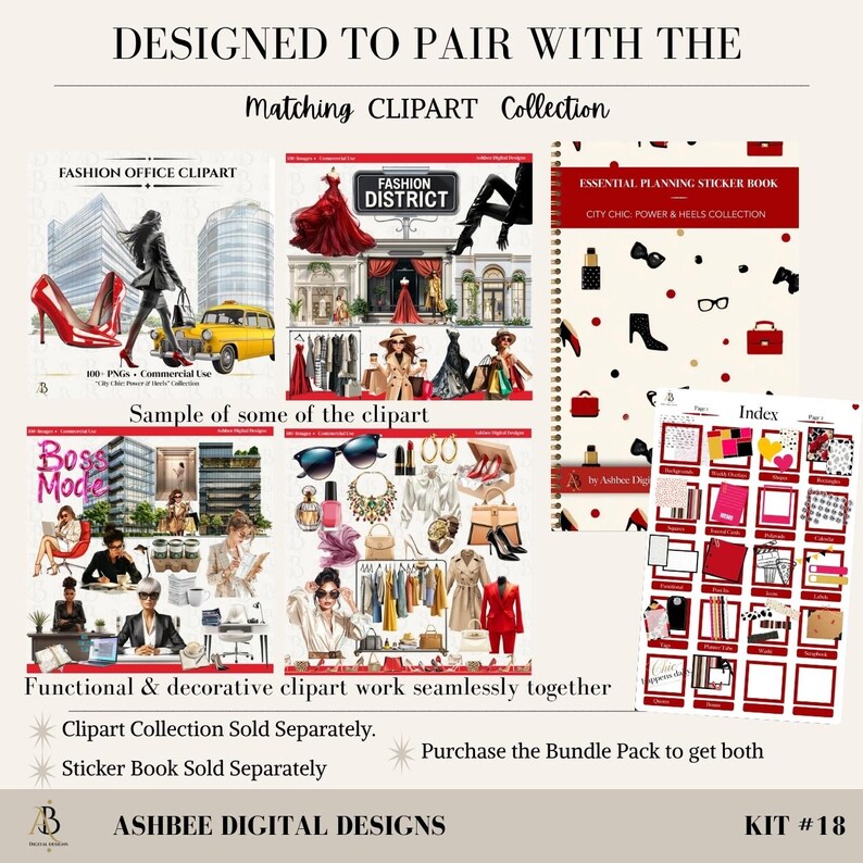 May include: A collection of digital clipart and a sticker book with a fashion theme. The clipart includes illustrations of fashion scenes, accessories, and people. The sticker book features planning stickers. The text reads "Designed to Pair With The Matching Clipart Collection."