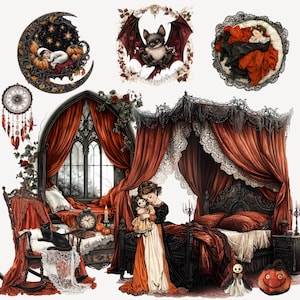 May include: A collection of gothic-themed illustrations featuring a baby in a crescent moon, a bat with floral accents, and a woman in a red dress. Other images include a bedroom scene with a four-poster bed, a rocking chair, and a black cat.