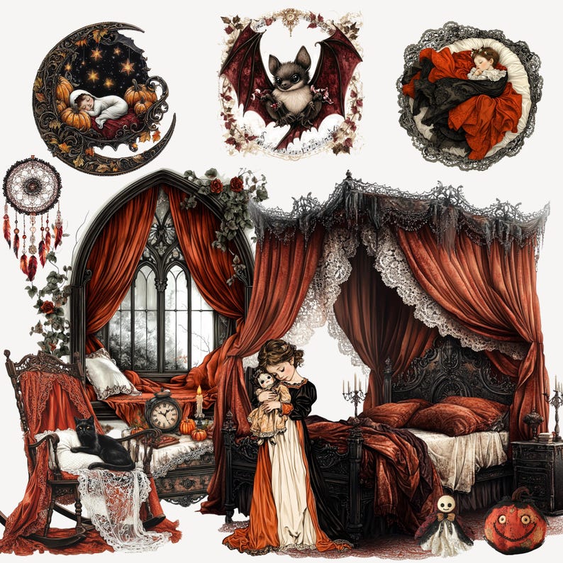 May include: A collection of gothic-themed illustrations featuring a baby in a crescent moon, a bat with floral accents, and a woman in a red dress. Other images include a bedroom scene with a four-poster bed, a rocking chair, and a black cat.