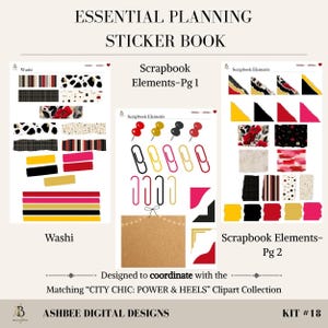 May include: An Essential Planning Sticker Book with various scrapbook elements. The image displays sticker sheets with washi tape designs, paper clips, push pins, and decorative corners. The text includes "Washi," "Scrapbook Elements," and "Designed to coordinate with the Matching 'CITY CHIC: POWER & HEELS' Clipart Collection."