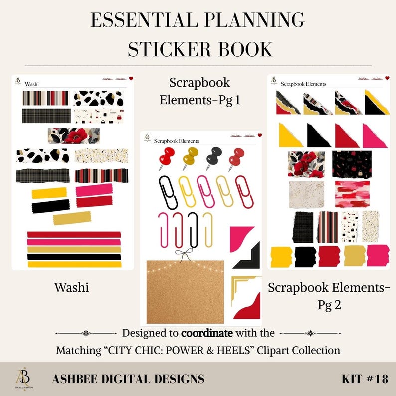 May include: An Essential Planning Sticker Book with various scrapbook elements. The image displays sticker sheets with washi tape designs, paper clips, push pins, and decorative corners. The text includes "Washi," "Scrapbook Elements," and "Designed to coordinate with the Matching 'CITY CHIC: POWER & HEELS' Clipart Collection."