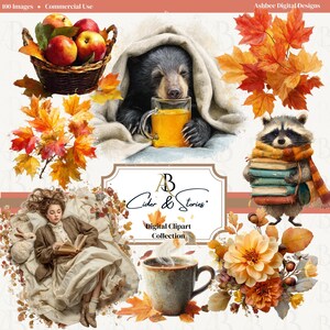 Op de afbeelding: Digitale clipartcollectie met herfstthema's. Bevat een beer met een drankje, een wasbeer met boeken, een lezende vrouw, appels in een mand, herfstbladeren, een kopje koffie en bloemstukken. De tekst luidt "Cider & Stories."