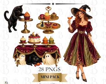 Witch Halloween Clipart, Spellbound & Sparkling Mini Pack, Glamorous Witch Party PNG, Black Cat Ghost Clip Art, Vintage Halloween