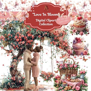 Clipart, Digital, "Amor en flor" 90 PNG/Día de San Valentín/Rosas/Postres/Corazones/Parejas/Árboles de corazones/Parejas/Flores/Pájaros del amor/Café con leche en forma de corazón