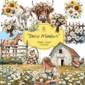 Può includere: Una collezione di immagini digitali chiamata "Daisy Meadows" che presenta una varietà di immagini, tra cui una mucca marrone e bianca, una capra bianca, un cavallo marrone e bianco, uno scoiattolo in un cestino, una ragazza che tiene un cestino di margherite, un fienile bianco, una gallina e vari mazzi di margherite.