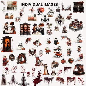 May include: A collection of individual images with a Halloween theme. The images include ghosts, pumpkins, witches, and other spooky elements. The color palette is dominated by orange, black, and red.