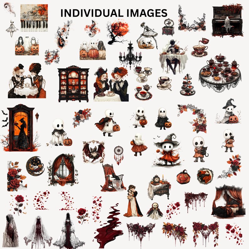 May include: A collection of individual images with a Halloween theme. The images include ghosts, pumpkins, witches, and other spooky elements. The color palette is dominated by orange, black, and red.