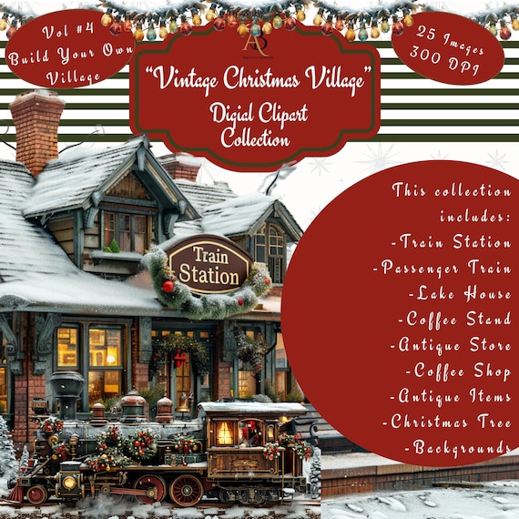 Vintage Christmas Village Clipart – 1940s Train Station, Lake Houses (25 PNGs) (Digital Download)