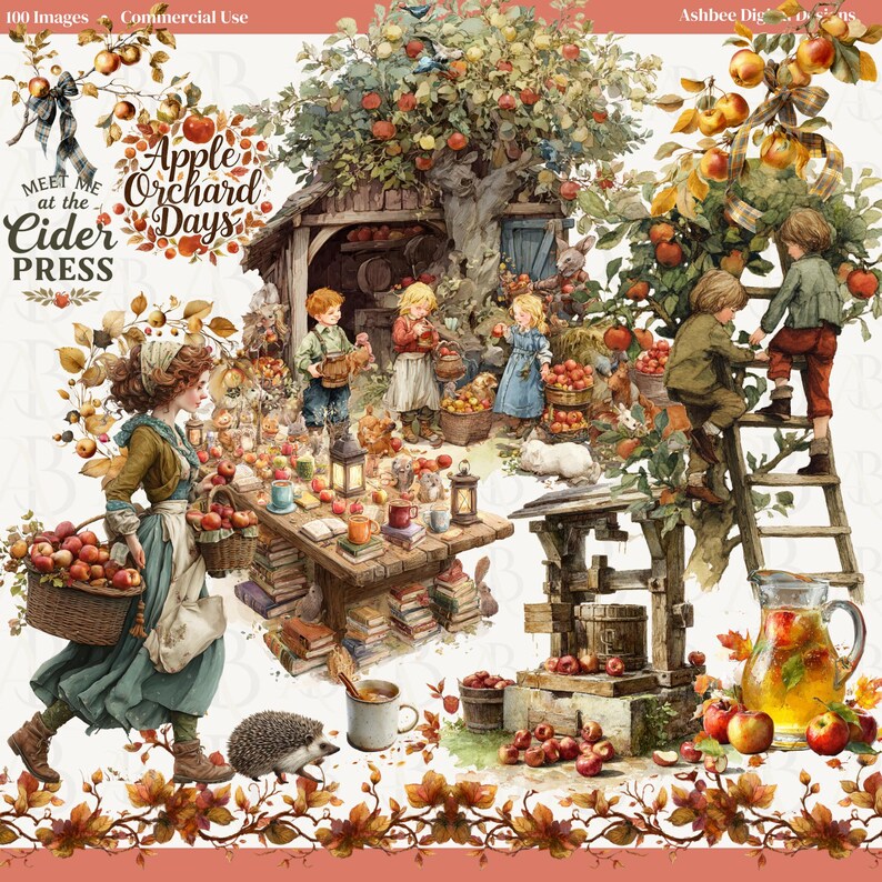 Op de afbeelding: Een aquarel illustratie van een appelboomgaard sc&egrave;ne met kinderen, bomen vol appels en een ciderpers. De afbeelding bevat de tekst "Meet Me at the Cider Press, Apple Orchard Days."
