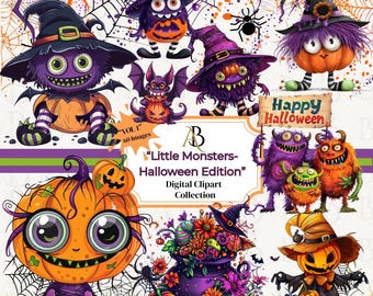 Halloween Monsters PNGs, Florals, Bats, Spider Webs,  "Little Monsters – Volume 1",  Digital Planner Stickers, Digital Clipart
