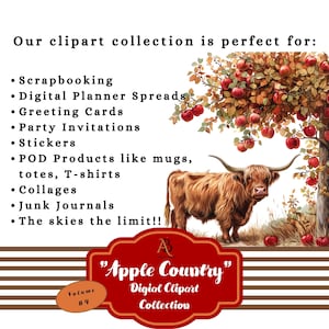 May include: A digital clipart collection titled "Apple Country" with a red and white striped background. The collection features a brown and white Highland cow standing in front of an apple tree with red apples. The text "Volume #4" is in a white circle with a brown border.