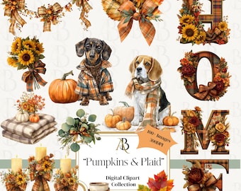 Pacote de Clipart de Outono – Abóboras, Xadrez, Flores (Download Digital)