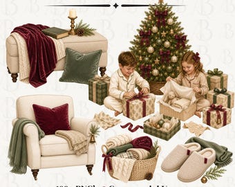 Home for Christmas Clipart, Cozy Christmas Watercolor PNG, Christmas Home Decor, Vintage Holiday Greenery, Commercial Use, 104 PNGS