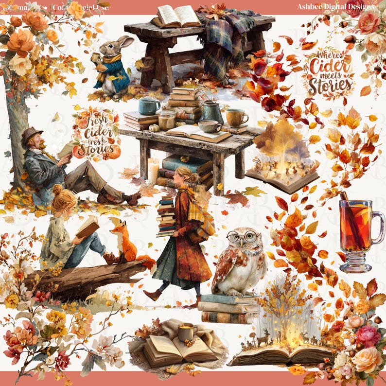 Op de afbeelding: Waterverfillustratie met een herfstthema, met boeken, bladeren en gezellige elementen. Bevat een lezende persoon, een vos, een uil en de tekst "Where Cider meets Stories" en "Fresh Cider Fresh Stories".