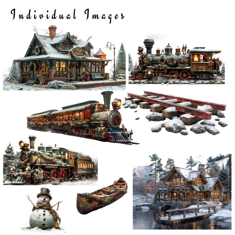 May include: A collection of winter holiday themed images featuring a train station, a train, a snowman, a cabin, and a canoe. The train station is decorated with greenery and lights. The train is decorated with greenery and has a red and green color scheme. The snowman is wearing a hat and scarf. The cabin is made of wood and has a snow-covered roof. The canoe is decorated with greenery and has a red and green color scheme.