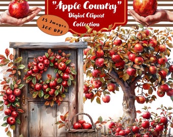 Apple Country Fall Clipart, Apple Tree, Picking Apples, Volume 4  (PNG, Digital Download)