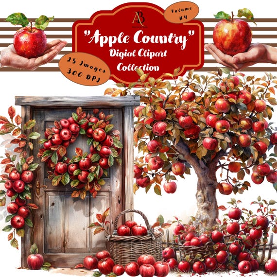 Apple Country Fall Clipart, Apple Tree, Picking Apples, Volume 4  (PNG, Digital Download)