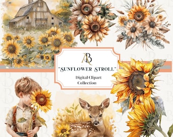 Op de afbeelding: Digitale clipartcollectie getiteld "Sunflower Stroll" met aquarel illustraties. De afbeeldingen bevatten zonnebloemen, een schuur, een jongen met een zonnebloem en een hert. Het kleurenpalet is warm, met geeltinten, bruintinten en groentinten.