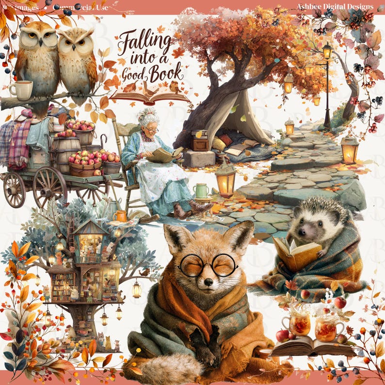 Op de afbeelding: Een grillige illustratie met de tekst "Falling into a Good Book". Toont uilen, een vos en een egel die lezen. De sc&egrave;ne omvat een kar met appels, een tent en een oudere vrouw die leest, wat een gezellige herfstsfeer oproept.