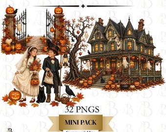 Trick or Treat Street Haunted House Clipart | Vintage Halloween Clipart | Haunted House PNG | Halloween Porch & Pumpkin Clip Art | 32 PNGS