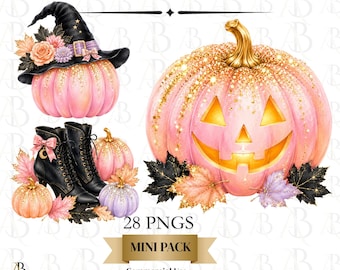 Pumpkin Sparkle Halloween Clipart Mini Pack, Pastel Halloween PNG, Pink Pumpkin Clipart, Witch Ghost Black Cat, Glitter Fall Clip Art
