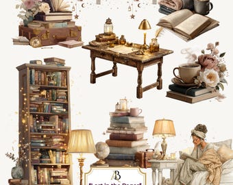 May include: Digital clipart collection featuring a cozy reading theme. The image includes a bookshelf, a desk with a lamp, stacks of books, a woman reading, and decorative elements like flowers and a globe. The text reads "Lost in the Pages".