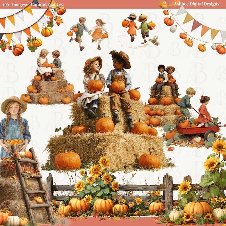 Fall Hay Rides Graphics Pumpkin Patch Fall Clipart Bundle | Watercolor Pumpkins, Hayrides, Cow ...