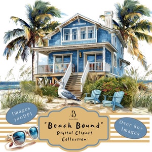 Clipart, digitaal, png, strandthema, zonneschijn, strandhuis, zandkasteel, zomer, digitale planner clipart, onze zomercollectie - "Beach Bound"