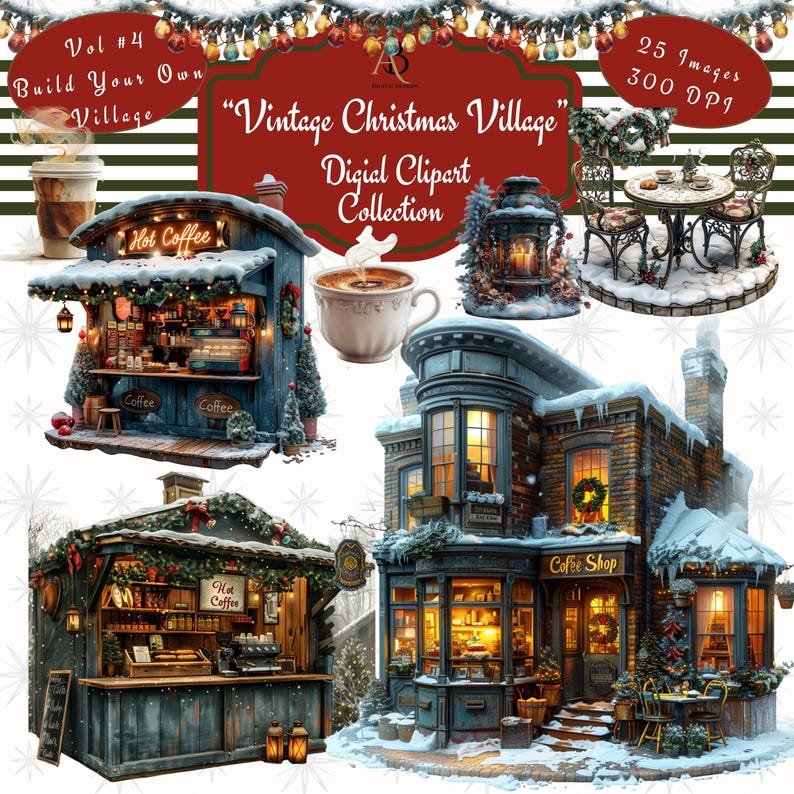 May include: A digital clipart collection of vintage Christmas village buildings, including a coffee shop, a cafe, and a bakery. The buildings are decorated with snow, lights, and greenery. The collection includes 25 images at 300 DPI.
