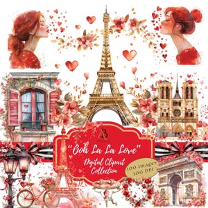 Clipart, Digital, "Ooh La La Love" 100 PNG/Día de San Valentín/Corazones/Inspiración parisina/Torre Eiffel/Macarrones/Moda parisina/Flores
