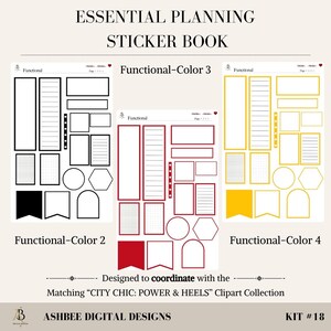 May include: An Essential Planning Sticker Book with various functional sticker sheets in black, red, and yellow. The sheets include rectangles, circles, and other shapes for planning. The text reads "Functional-Color 2", "Functional-Color 3", and "Functional-Color 4".