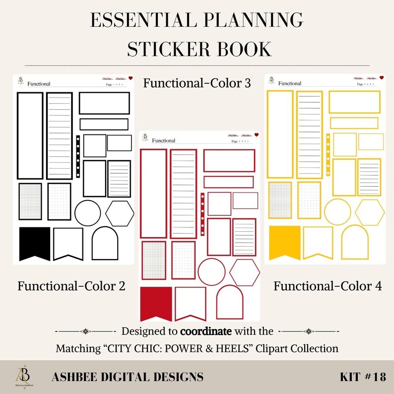 May include: An Essential Planning Sticker Book with various functional sticker sheets in black, red, and yellow. The sheets include rectangles, circles, and other shapes for planning. The text reads "Functional-Color 2", "Functional-Color 3", and "Functional-Color 4".