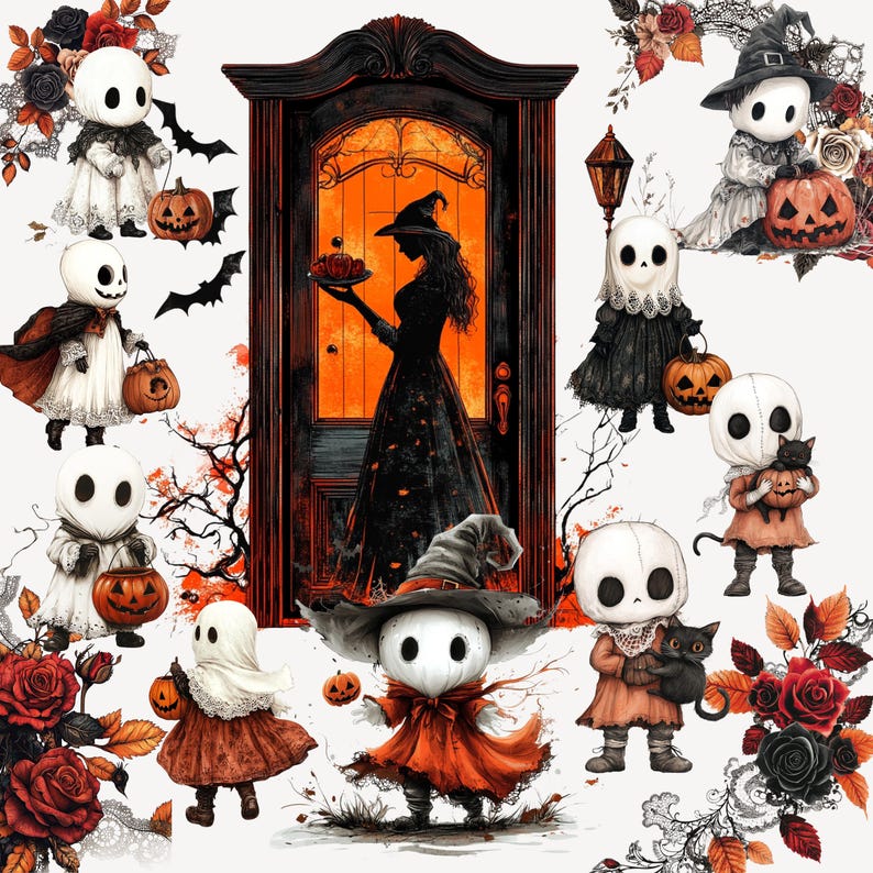 May include: A Halloween-themed illustration featuring various spooky characters, including figures with skull-like faces, dressed in witch hats and capes, holding jack-o'-lanterns and accompanied by black cats. The artwork incorporates a witch silhouette and decorative floral elements.
