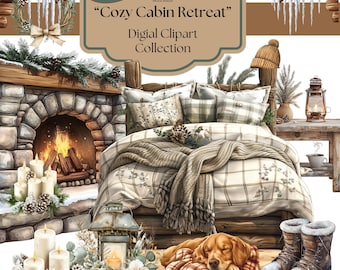 Clipart, Digital, "Cozy Cabin Retreat" 90 PNGs|Rustic Charm|Winter Collection|Snow Covered Trees|Hot Coco|Lantern|Winter Floral, Clothes