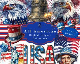 Clipart, Digital Clipart ,PNG, 4th of July, USA Patriotic American Flag BBQ Summer Digital Planner clipart Junk Journal &quot;All American&quot;