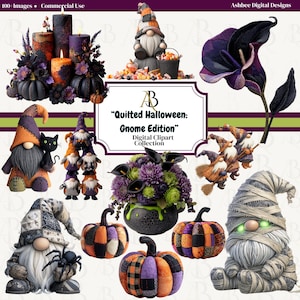 May include: A collection of Halloween-themed digital clipart featuring gnomes, pumpkins, candles, and floral arrangements. The gnomes are dressed in various costumes, and the pumpkins have patchwork designs. The text reads "Quilted Halloween: Gnome Edition".