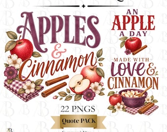 Apple Cinnamon Quotes PNG Bundle, Fall Sublimation Designs, Apple Picking Clipart, Autumn Quote PNG, Cozy Fall Graphics, Commercial Use