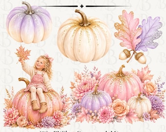Pumpkin Sparkle Clipart, Pastel Fall Clipart, Glitter Pumpkin PNG, Pink Pumpkin Clip Art, Autumn, Fall Floral, Commercial Use, 102 PNG