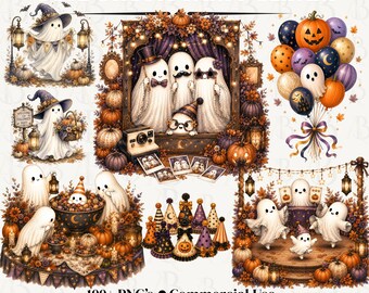 Ghost Party Clipart, Cute Halloween Ghost PNG, 120 Halloween Clip Art, Pumpkin Party, Fall Ghosts, Commercial Use