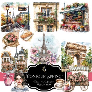Clipart, Digitale, "Bonjour Spring" 100 PNG, Parigi in primavera, Torre Eiffel, Louvre, Moda parigina, Monumenti parigini acquerellati, Romantico