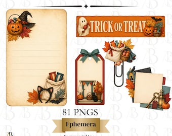 Trick or Treat Halloween Junk Journal Clipart, 81 PNG Ephemera, Vintage Halloween Digital Scrapbook, Commercial Use