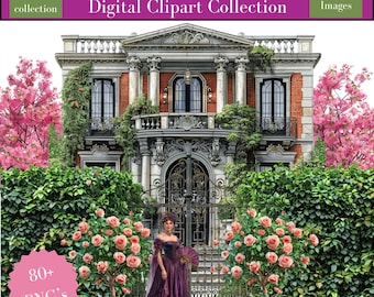 May include: A digital clipart collection of Regency Era images, featuring a large, ornate mansion with a wrought iron gate, two rose bushes, and a woman in a purple gown standing in front of the gate. The text "Regency Era" and "Digital Clipart Collection" is displayed at the top of the image.